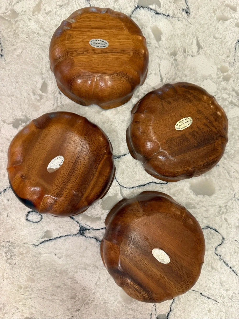 Vintage Monkey Pod Wood Bowls Set of 4 Handcrafted Philippines Scalloped